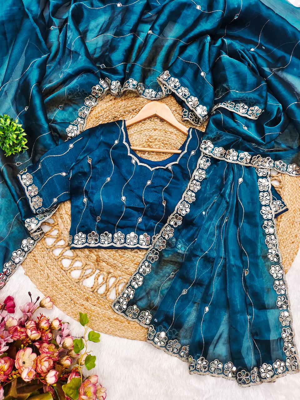 Premium Berberry Sari with Heavy Embroidery & Real Mirror Work