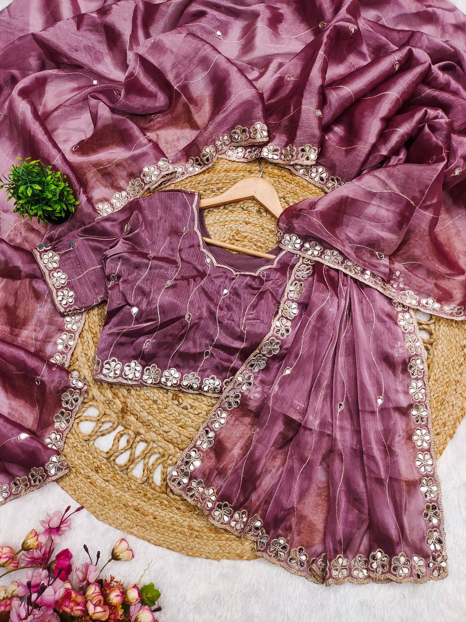 Premium Berberry Sari with Heavy Embroidery & Real Mirror Work