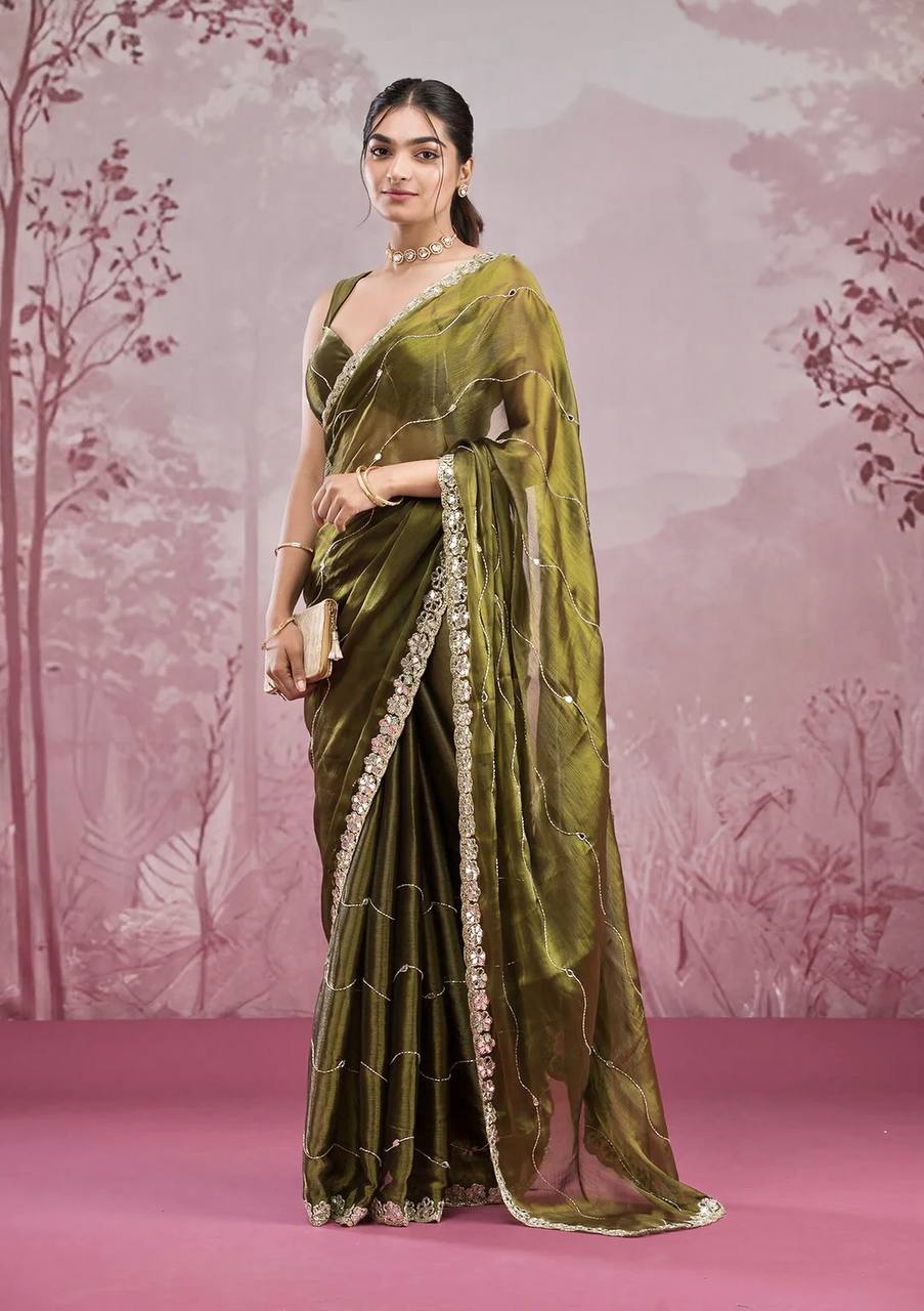 Premium Berberry Sari with Heavy Embroidery & Real Mirror Work