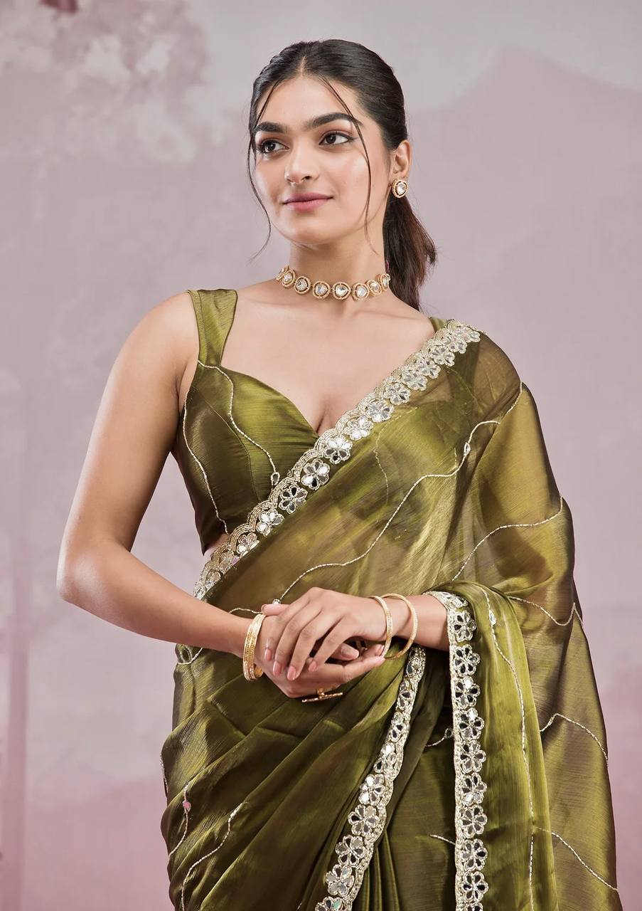 Premium Berberry Sari with Heavy Embroidery & Real Mirror Work