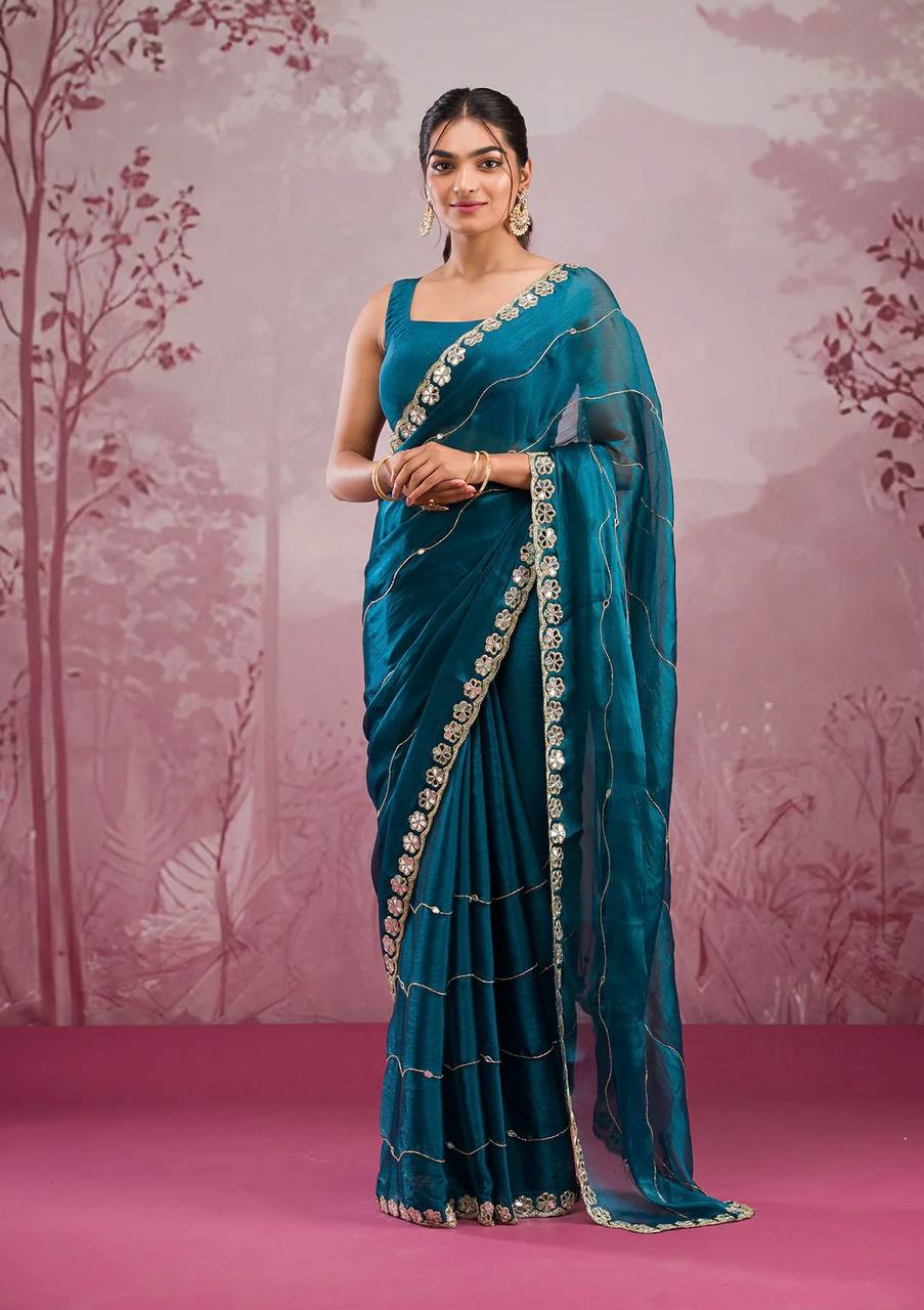 Premium Berberry Sari with Heavy Embroidery & Real Mirror Work