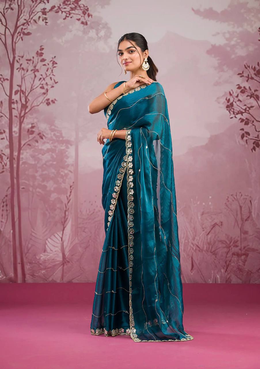 Premium Berberry Sari with Heavy Embroidery & Real Mirror Work