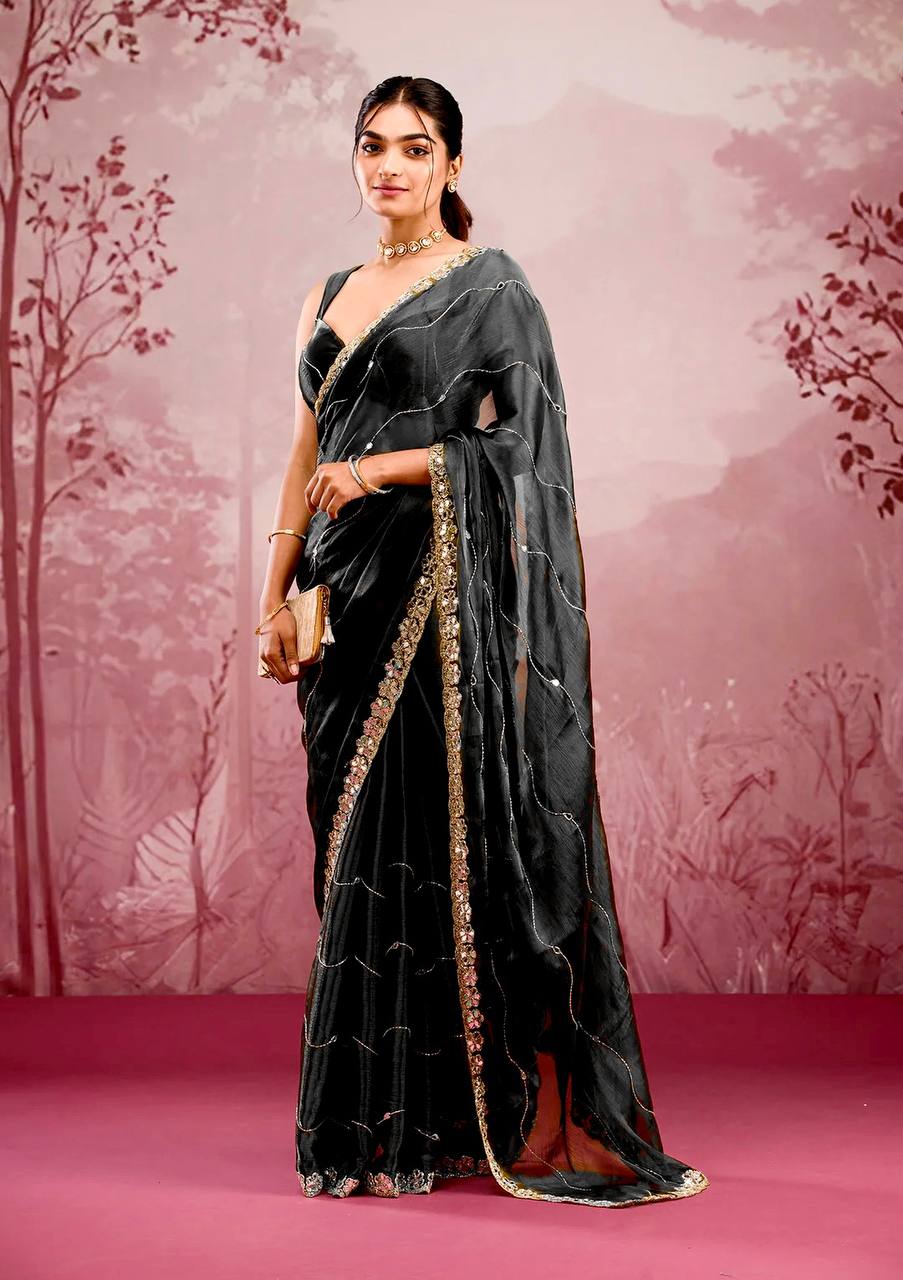 Premium Berberry Sari with Heavy Embroidery & Real Mirror Work