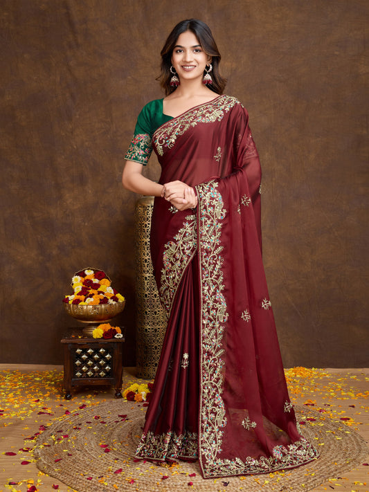 Womens New Trendy Maroon Ethnic Party Wear Saree with Contrast Green Zari-Work Blouse