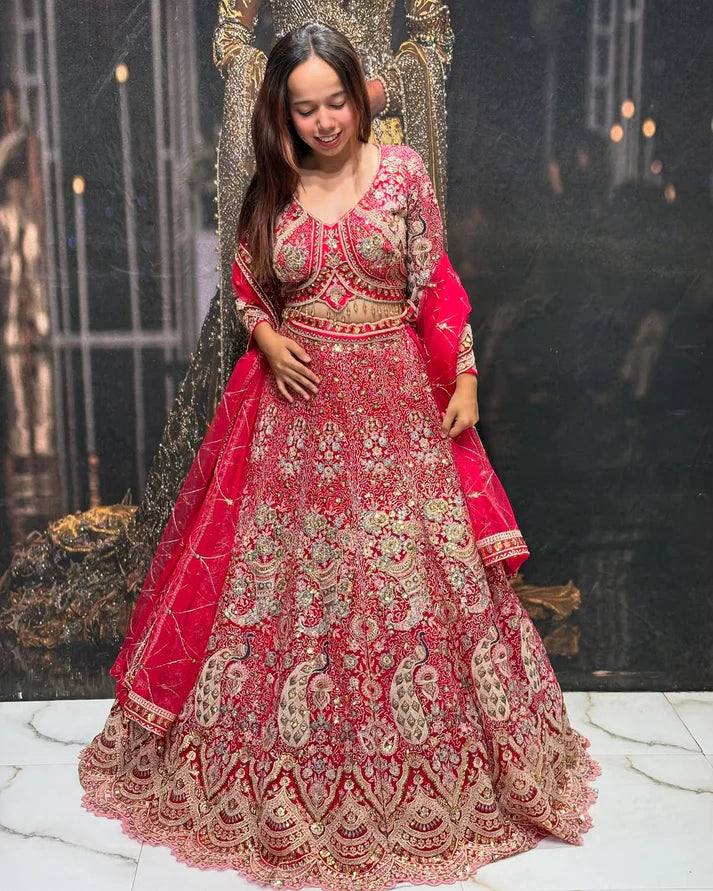 Peacock Motif Embroidered Net Lehenga Choli Set with Dupatta