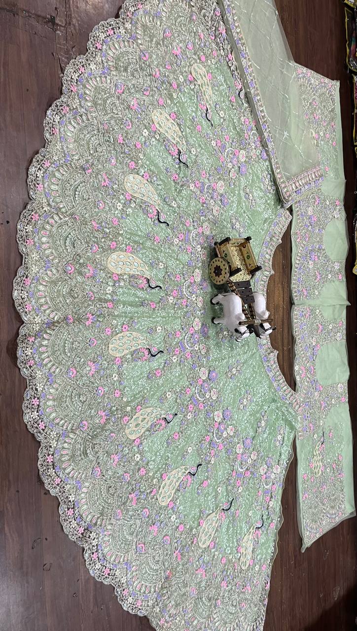 Peacock Motif Embroidered Net Lehenga Choli Set with Dupatta