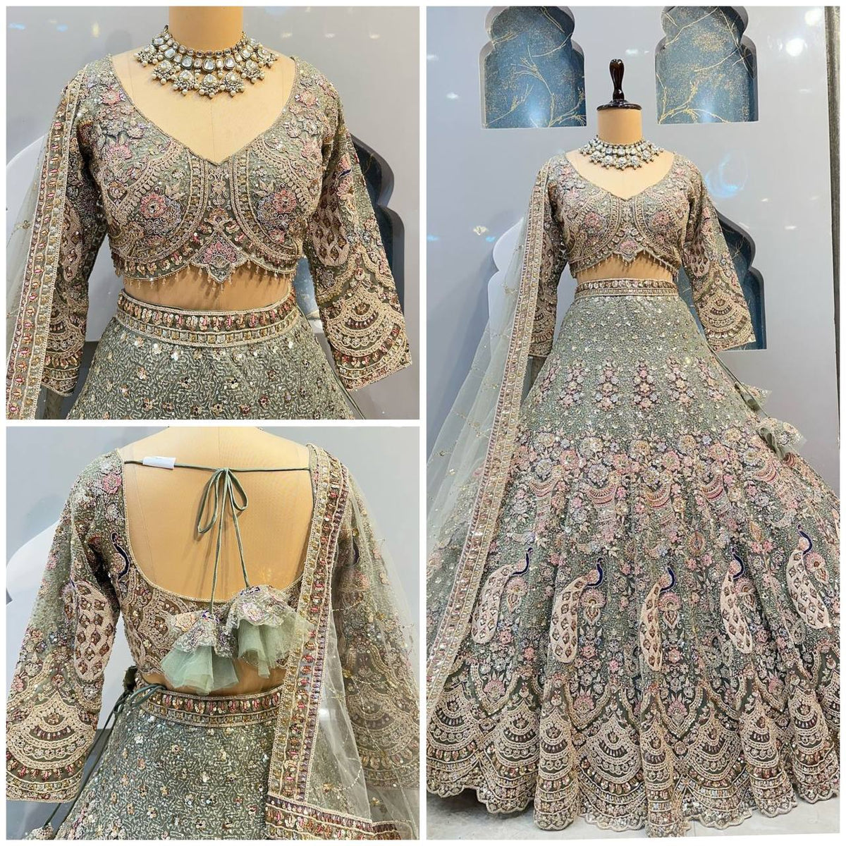 Peacock Motif Embroidered Net Lehenga Choli Set with Dupatta