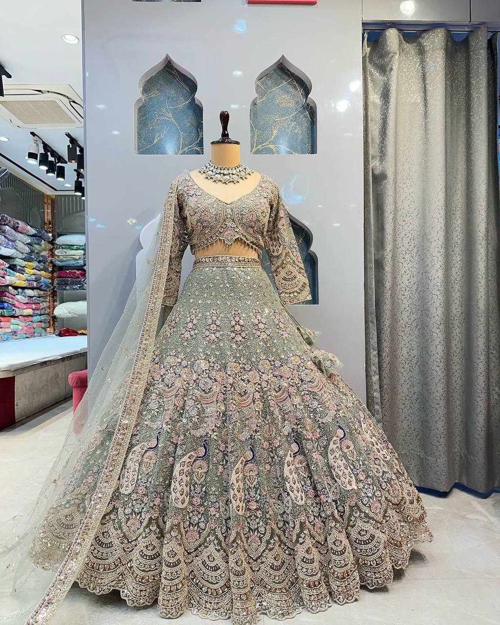 Peacock Motif Embroidered Net Lehenga Choli Set with Dupatta