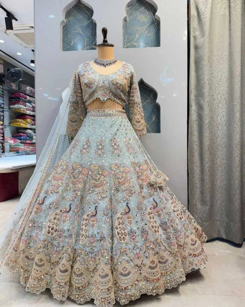 Peacock Motif Embroidered Net Lehenga Choli Set with Dupatta