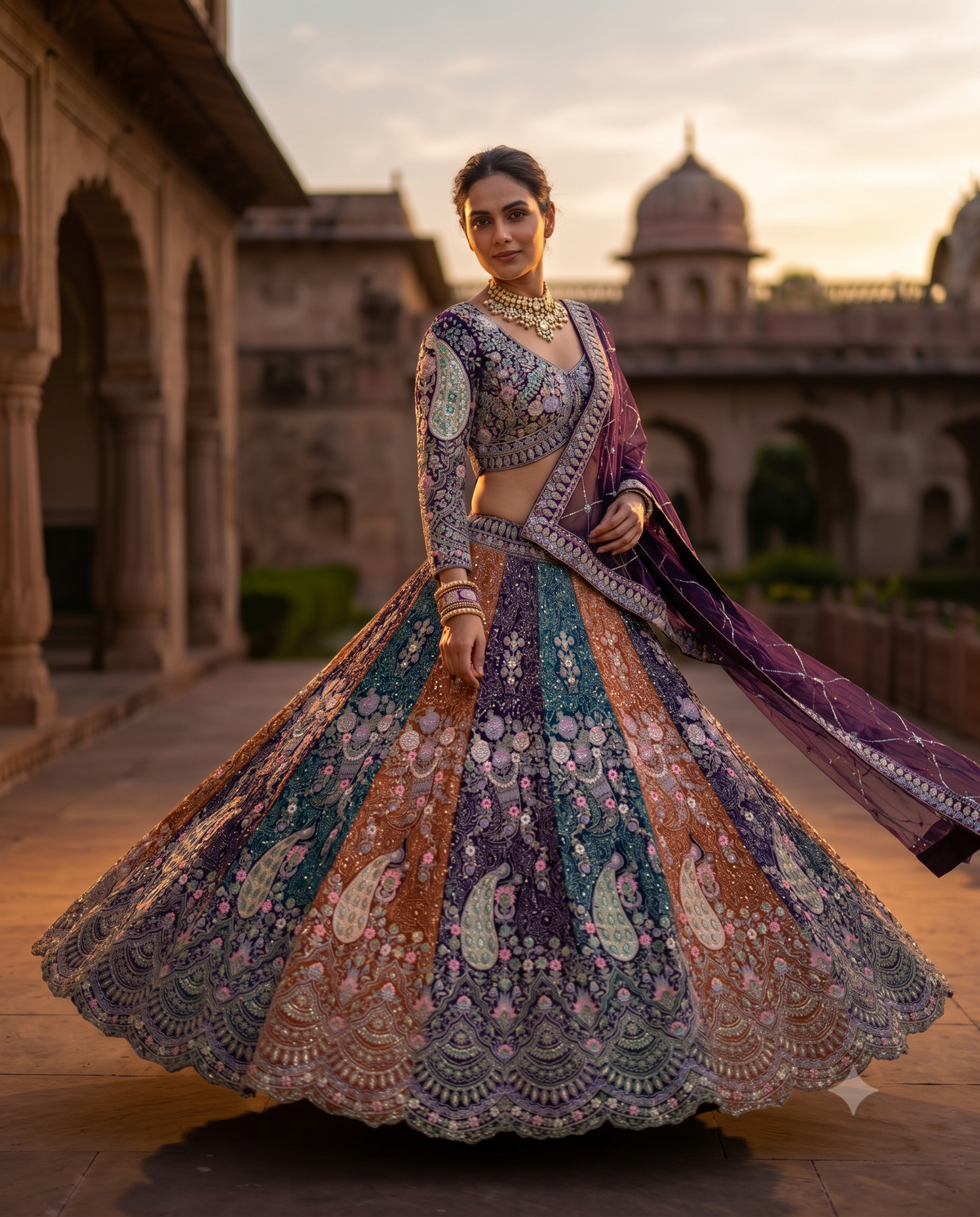 Designer Multi-Shade Panel Bridal Lehenga Choli with Dori Embroidery & Heavy Dupatta