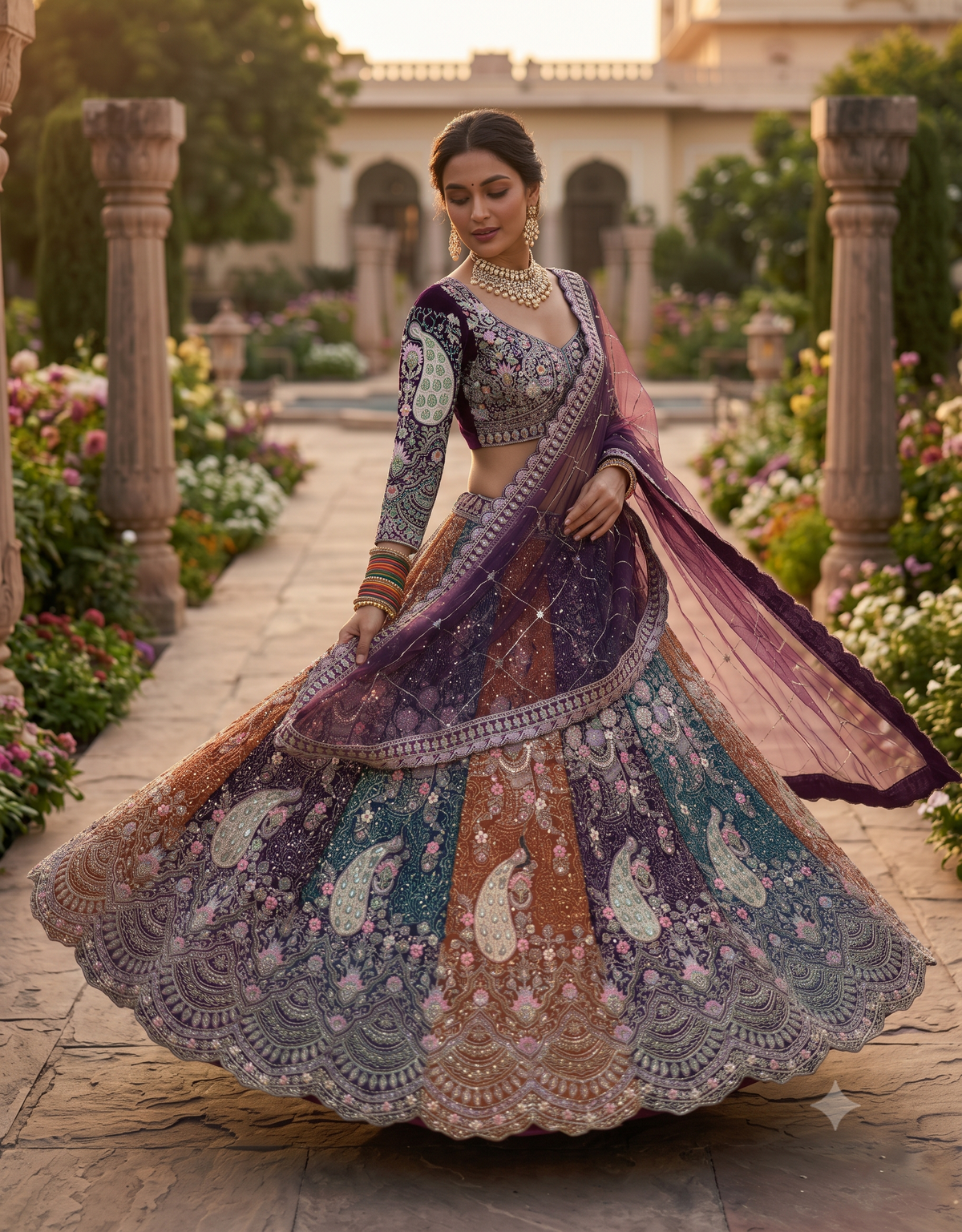 Designer Multi-Shade Panel Bridal Lehenga Choli with Dori Embroidery & Heavy Dupatta