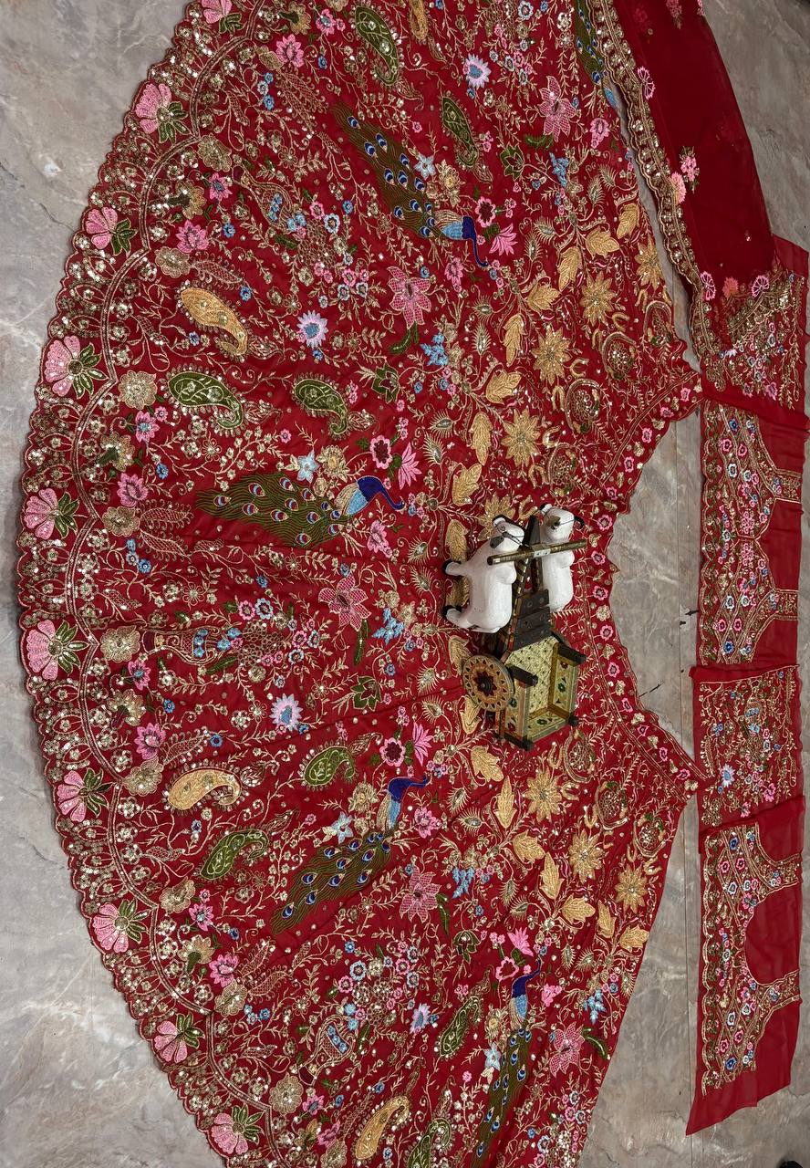 Red Heavy Embroidered Bridal Lehenga Choli with Peacock & Floral Dori Work, Sequins, and Net Dupatta Set