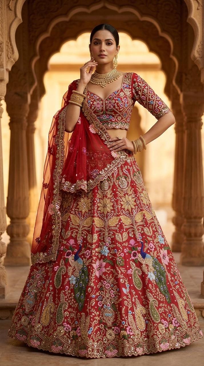 Red Heavy Embroidered Bridal Lehenga Choli with Peacock & Floral Dori Work, Sequins, and Net Dupatta Set