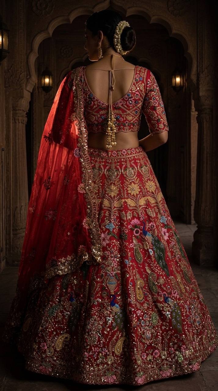 Red Heavy Embroidered Bridal Lehenga Choli with Peacock & Floral Dori Work, Sequins, and Net Dupatta Set