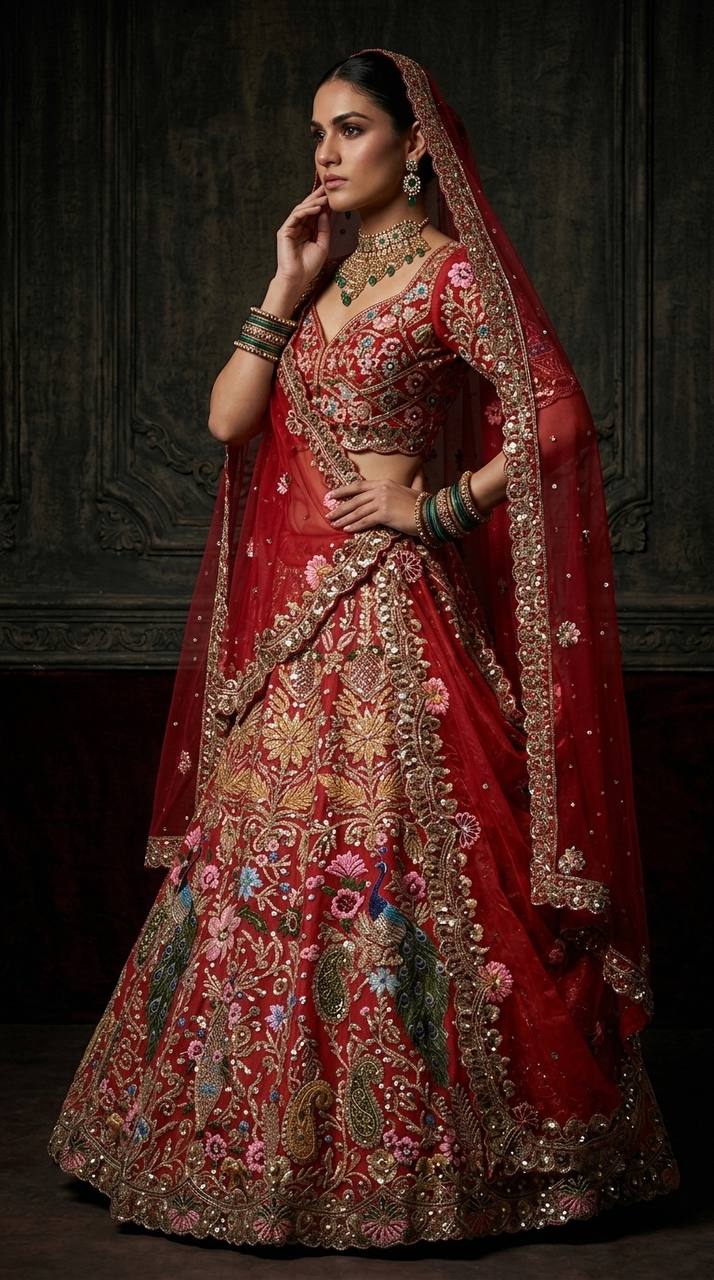 Red Heavy Embroidered Bridal Lehenga Choli with Peacock & Floral Dori Work, Sequins, and Net Dupatta Set