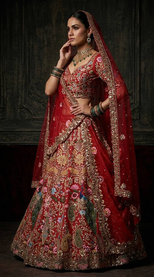 Red Heavy Embroidered Bridal Lehenga Choli with Peacock & Floral Dori Work, Sequins, and Net Dupatta Set