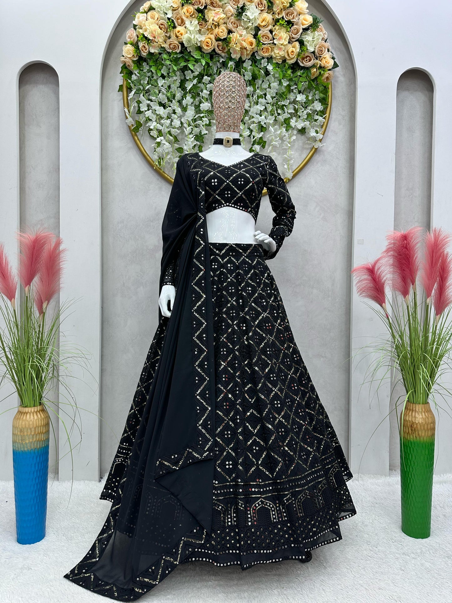 Flattering Black Color Occasion Wear Georgette Embroidered Design Work Lehenga Choli