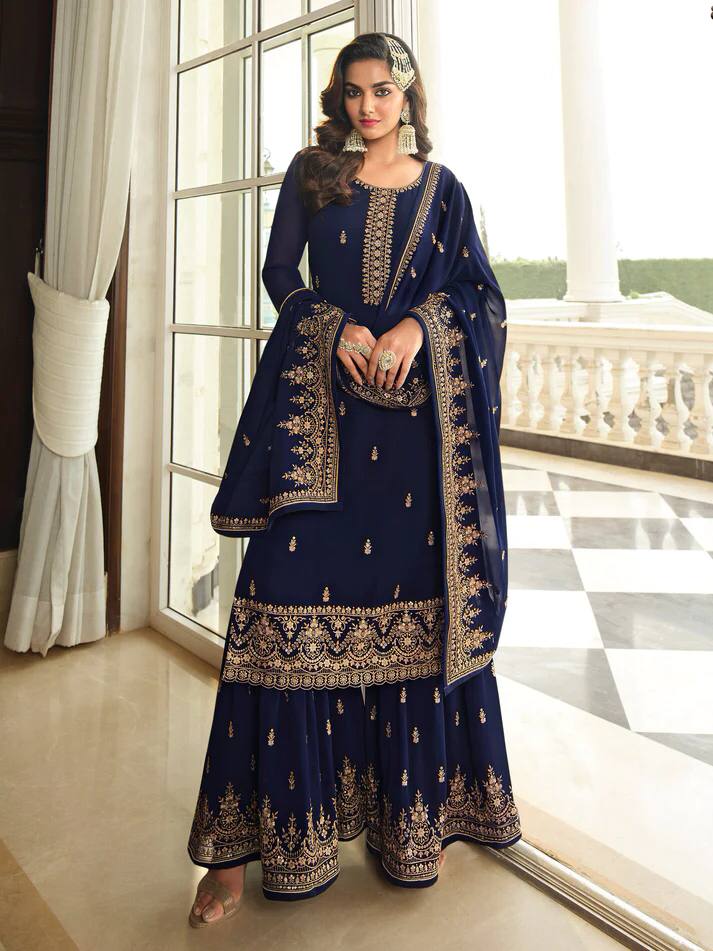 Beautiful Blue Color Georgette Thread Work Full Stitched Sharara For Women