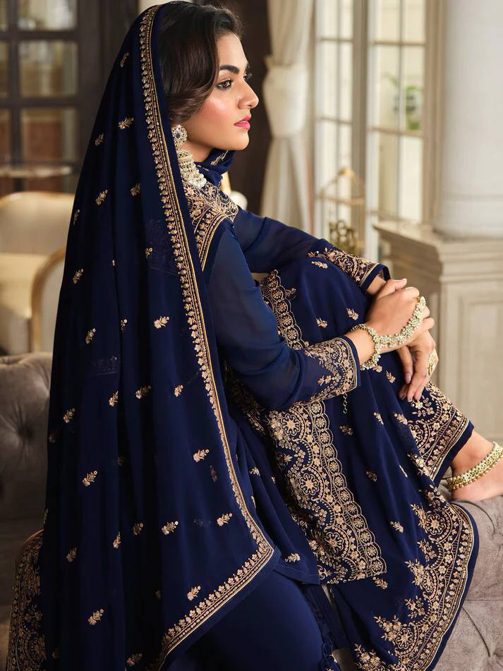 Beautiful Blue Color Georgette Thread Work Full Stitched Sharara For Women