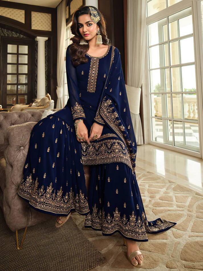 Beautiful Blue Color Georgette Thread Work Full Stitched Sharara For Women