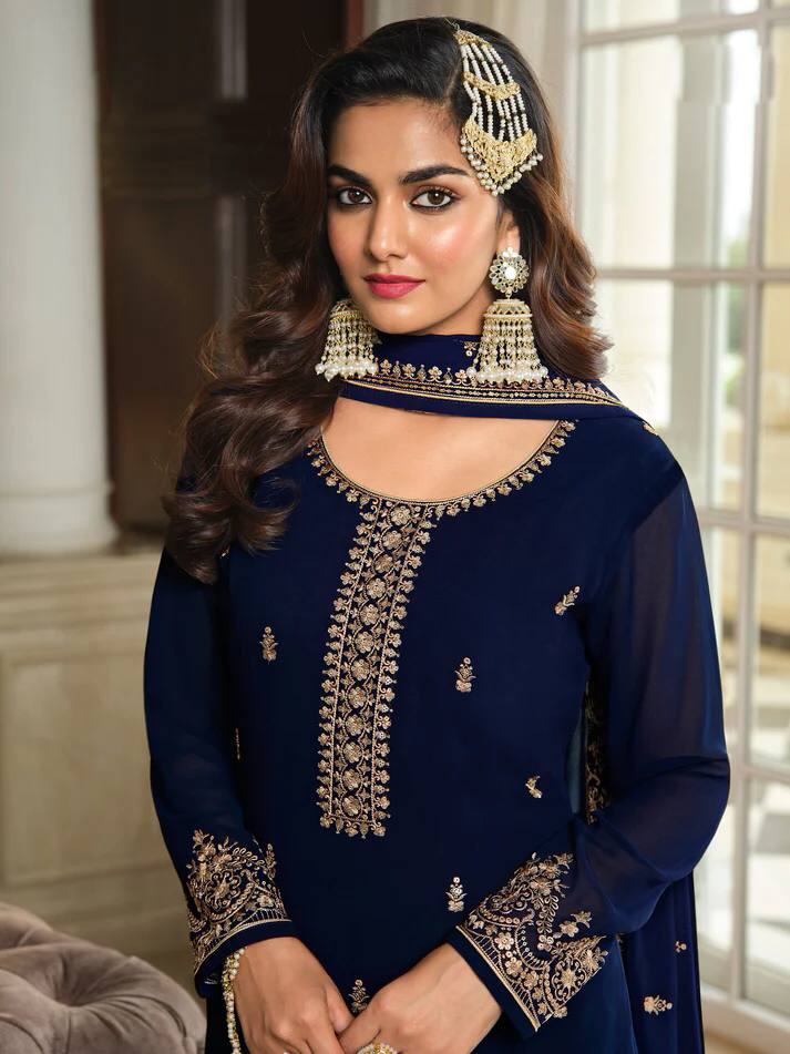 Beautiful Blue Color Georgette Thread Work Full Stitched Sharara For Women