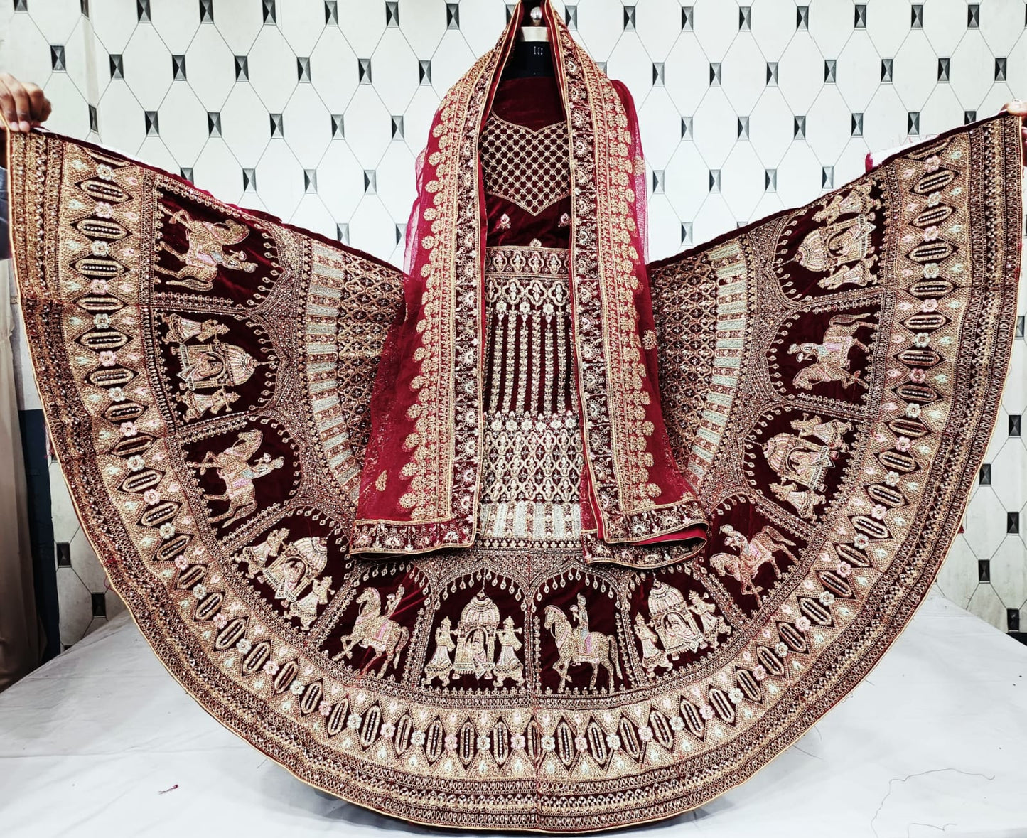 Heavy Velvet Zari Work & Zarkan Diamond Work Bridal Lehenga Choli For Women