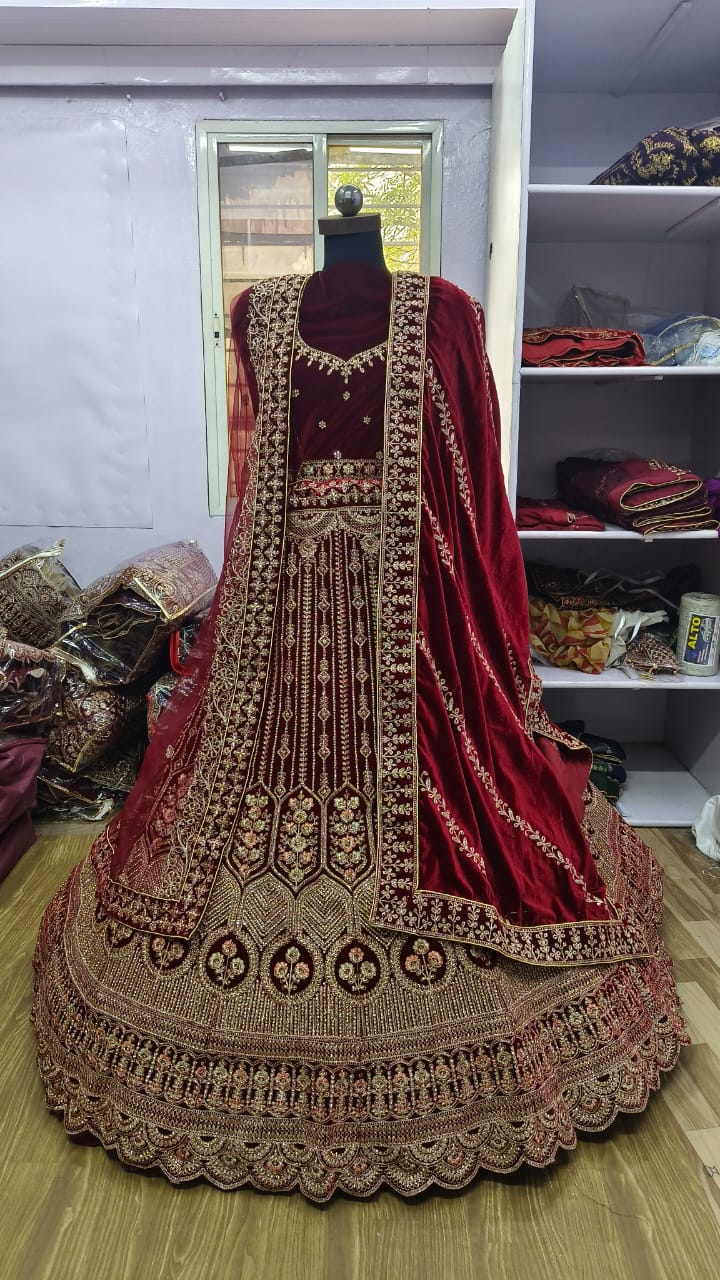 Heavy Velvet Zari Work & Zarkan Diamond Work Bridal Lehenga Choli For Women