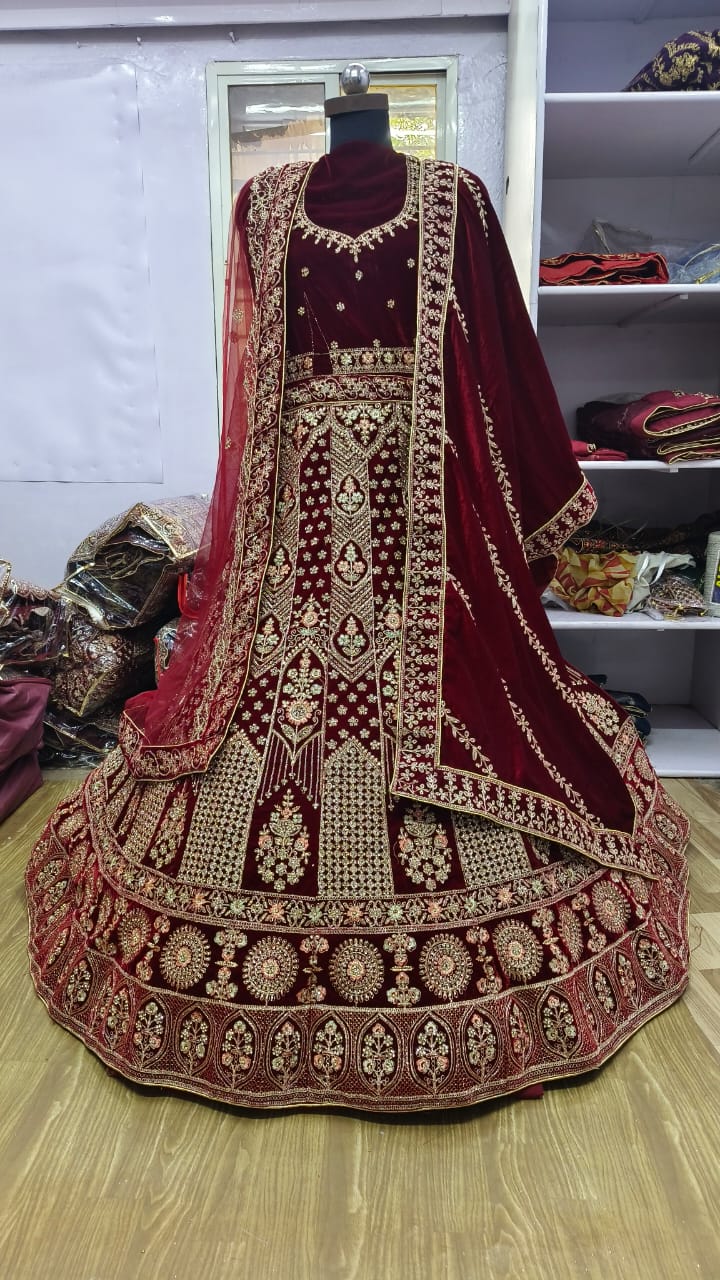 Heavy Velvet Zari Work & Zarkan Diamond Work Bridal Lehenga Choli For Women