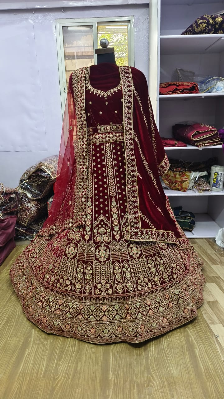 Heavy Velvet Zari Work & Zarkan Diamond Work Bridal Lehenga Choli For Women