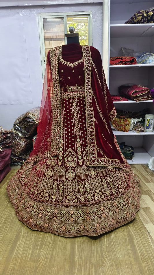 Heavy Velvet Zari Work & Zarkan Diamond Work Bridal Lehenga Choli For Women