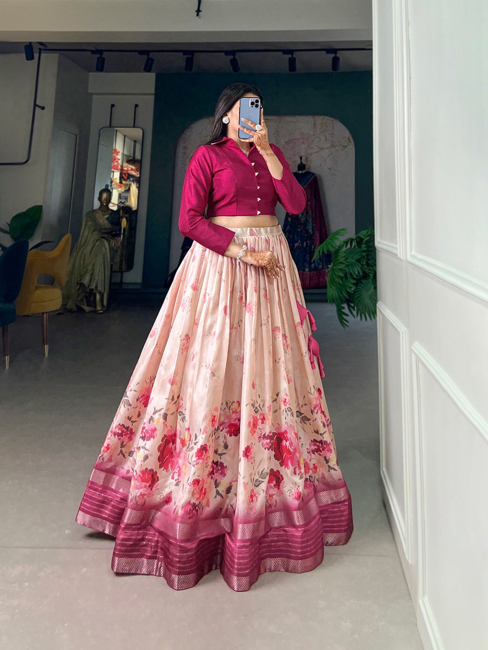 Fully Stitched Floral Printed Dola Silk Pink Crop Shirt Lehenga