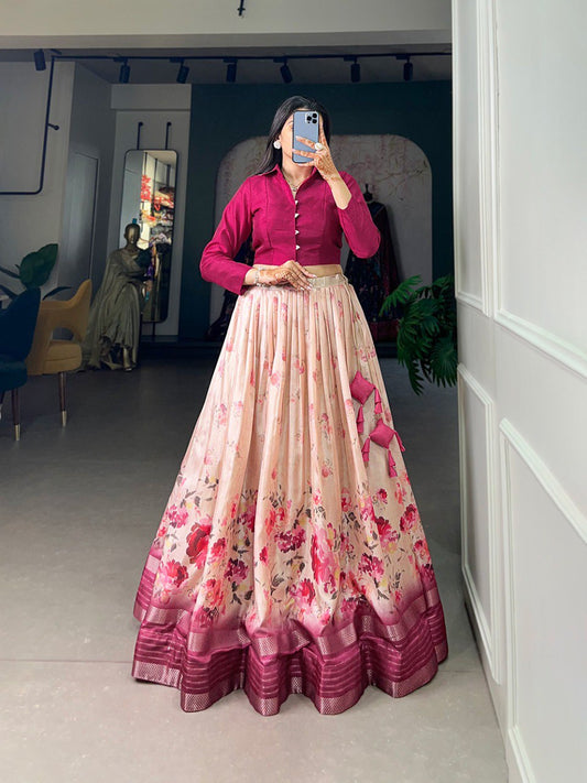 Fully Stitched Floral Printed Dola Silk Pink Crop Shirt Lehenga
