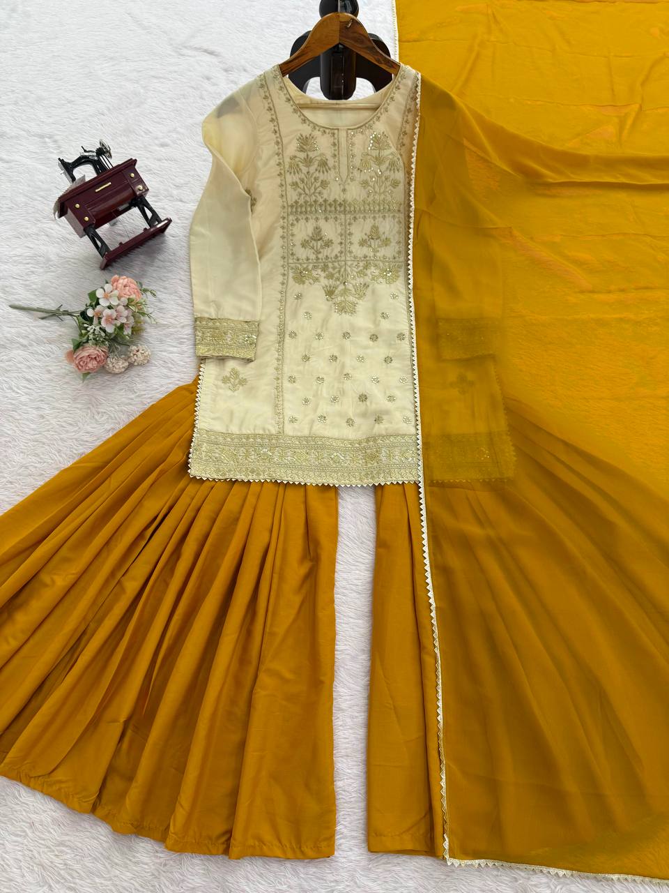 Occasion Wear Embroidered Cream and Mustard Sharara Set with Dupatta