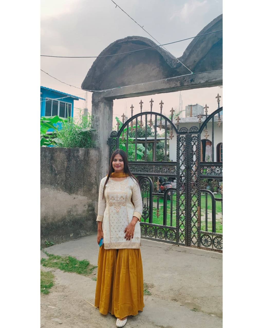 Occasion Wear Embroidered Cream and Mustard Sharara Set with Dupatta
