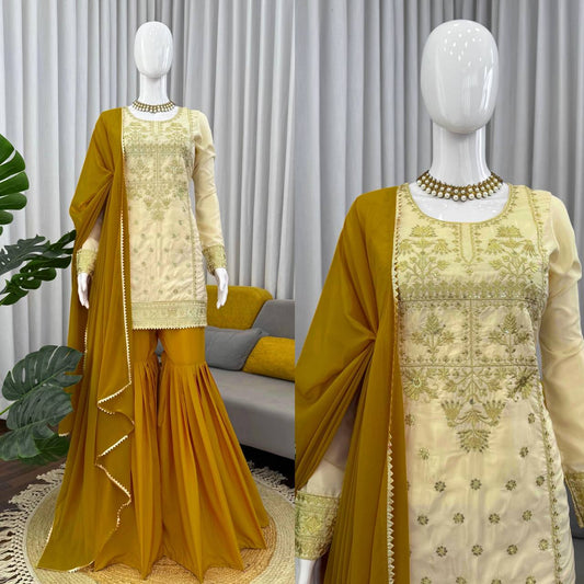 Occasion Wear Embroidered Cream and Mustard Sharara Set with Dupatta