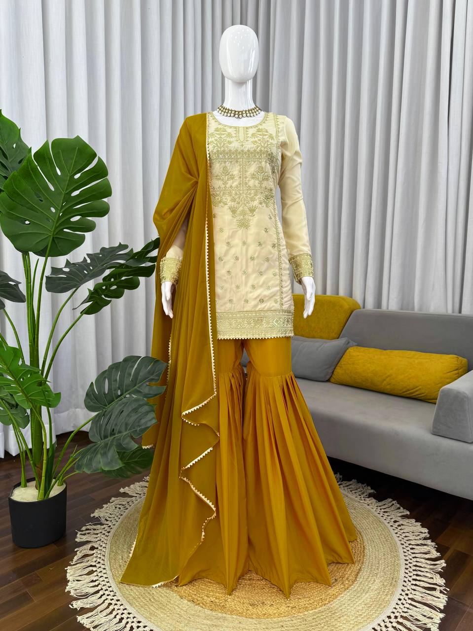 Occasion Wear Embroidered Cream and Mustard Sharara Set with Dupatta