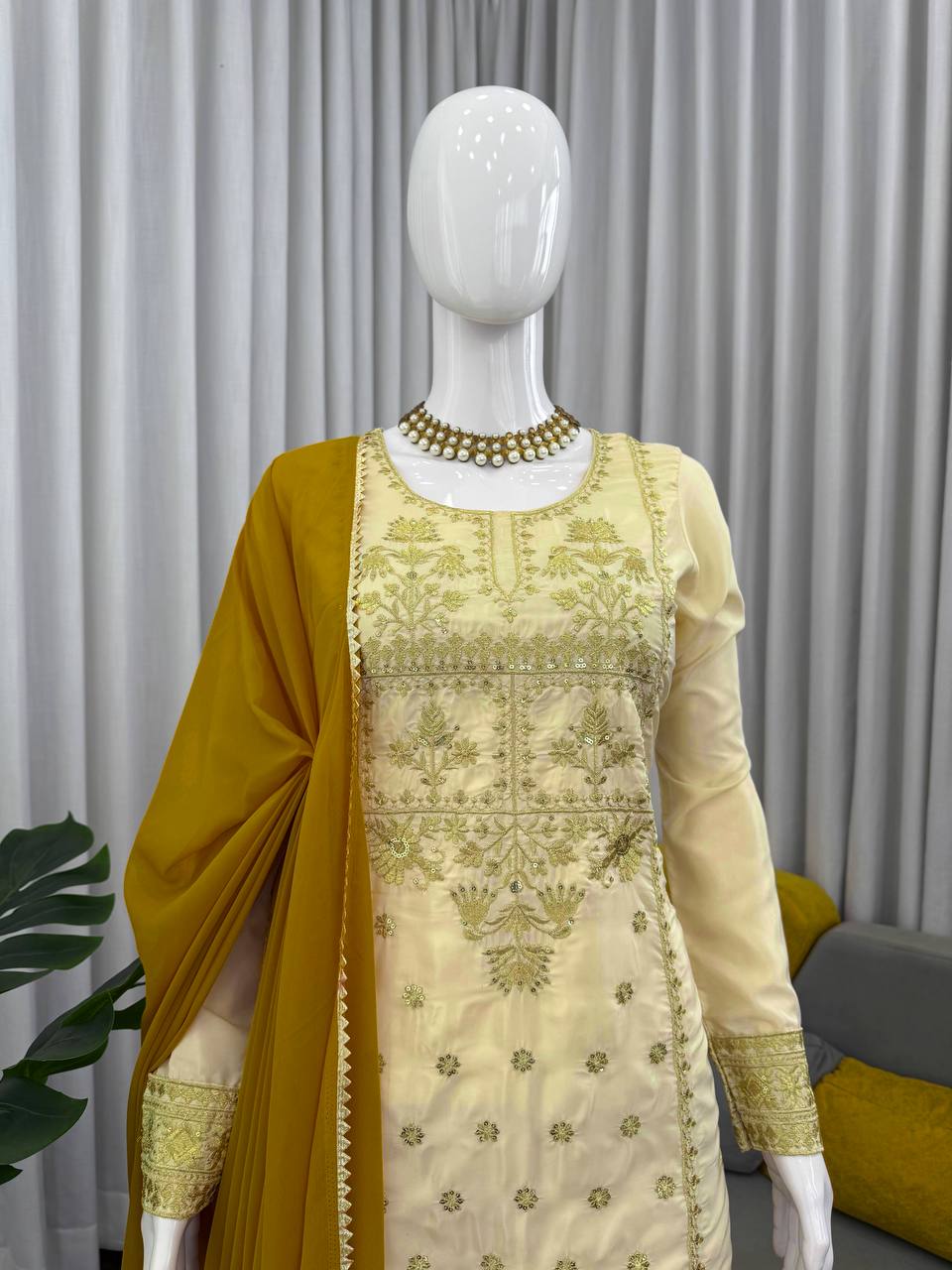 Occasion Wear Embroidered Cream and Mustard Sharara Set with Dupatta