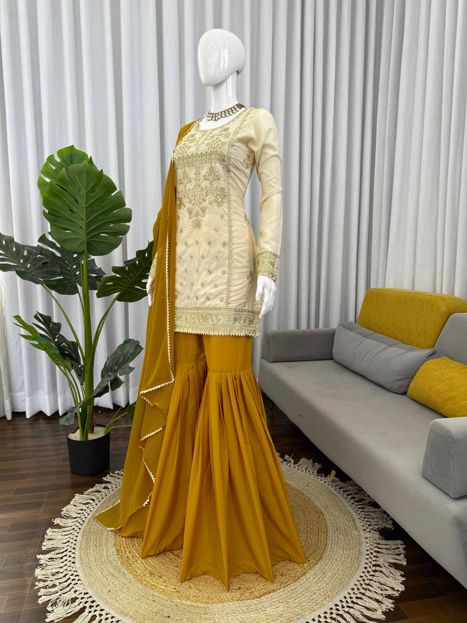 Occasion Wear Embroidered Cream and Mustard Sharara Set with Dupatta