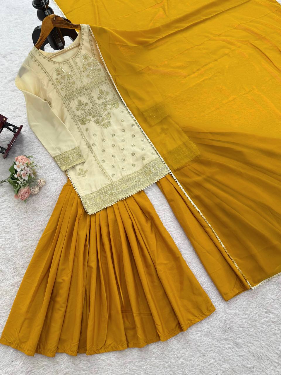 Occasion Wear Embroidered Cream and Mustard Sharara Set with Dupatta