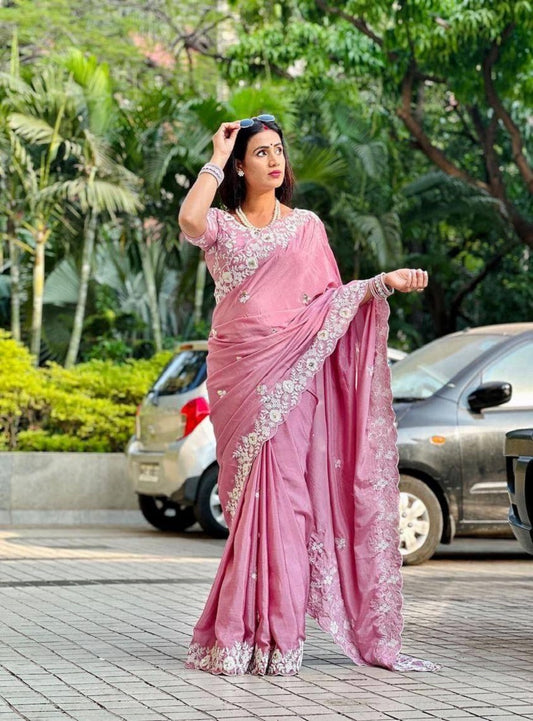 Womens Latest Elegant Onion Pink Saree with Floral White Thread Embroidery and Matching Designer Blouse