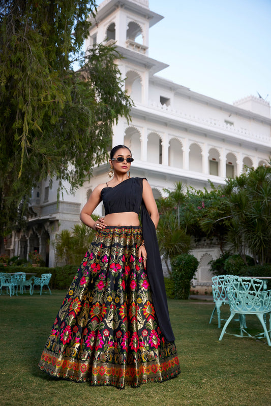 Midnight Floral Indo Western Banarasi Silk Lehenga Choli