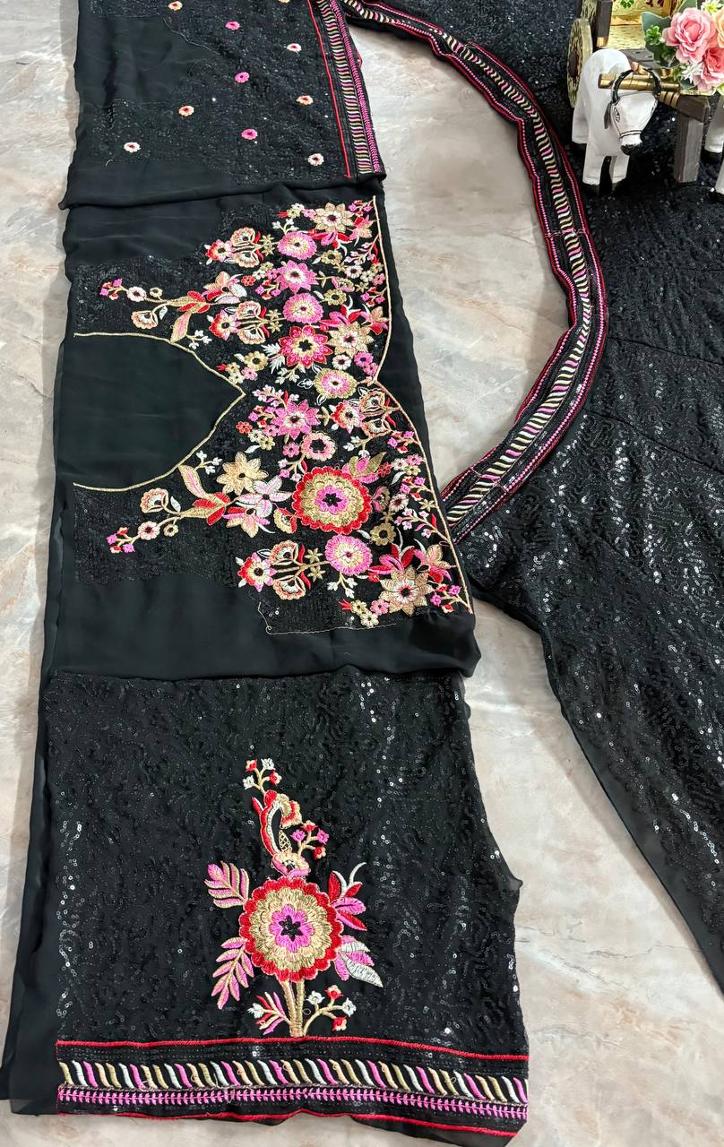 Midnight Black Georgette Sequence Work Party Wear Lehenga Choli