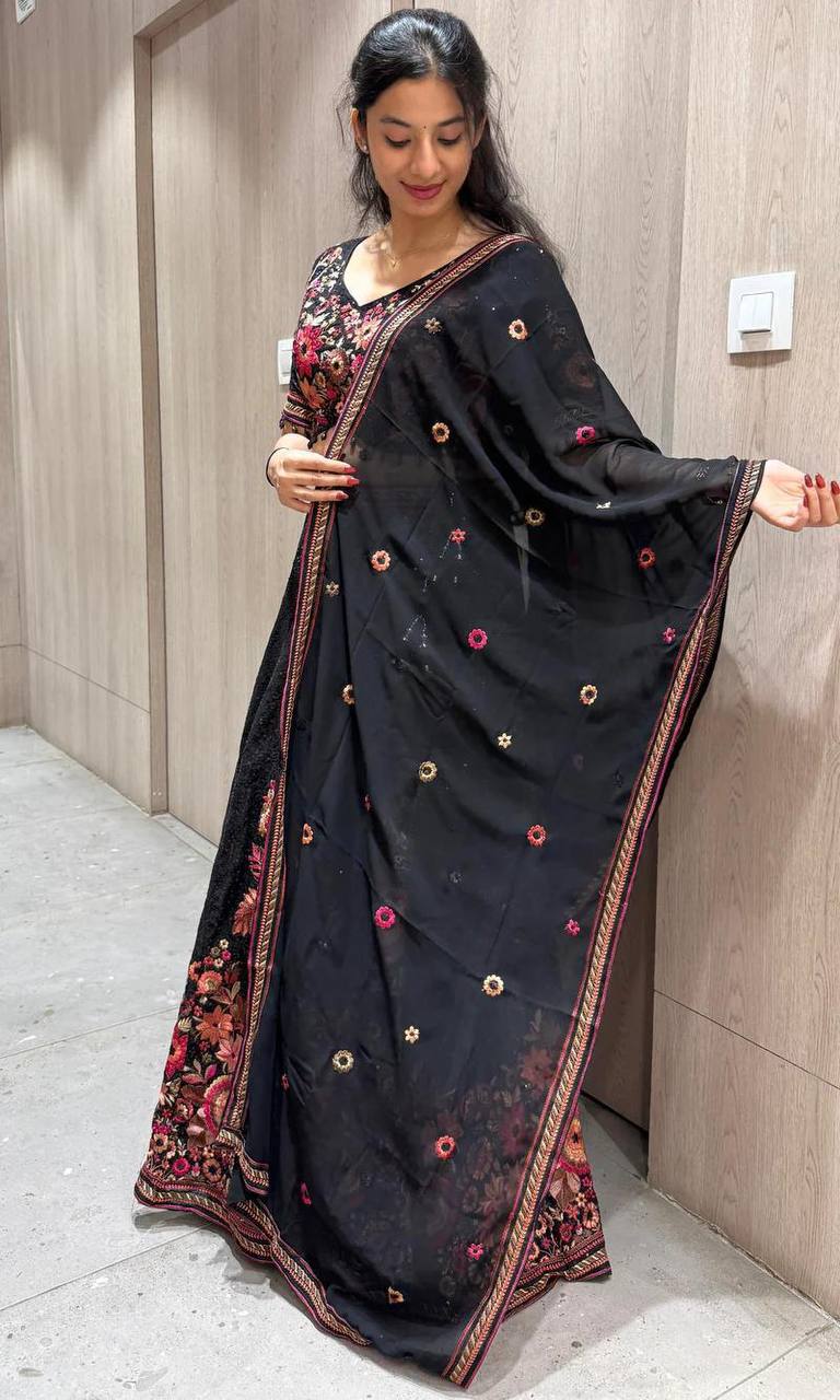 Midnight Black Georgette Sequence Work Party Wear Lehenga Choli