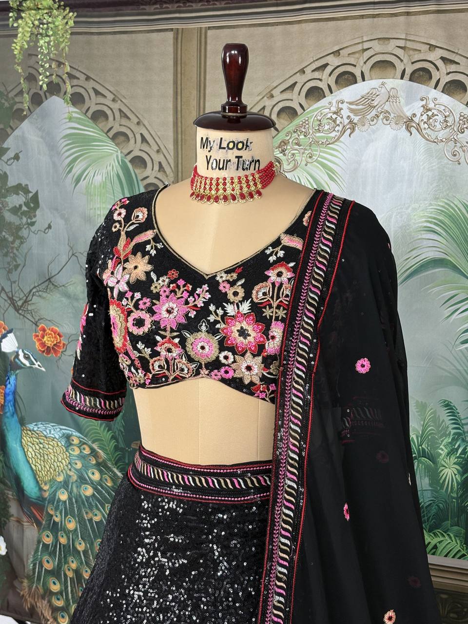 Midnight Black Georgette Sequence Work Party Wear Lehenga Choli