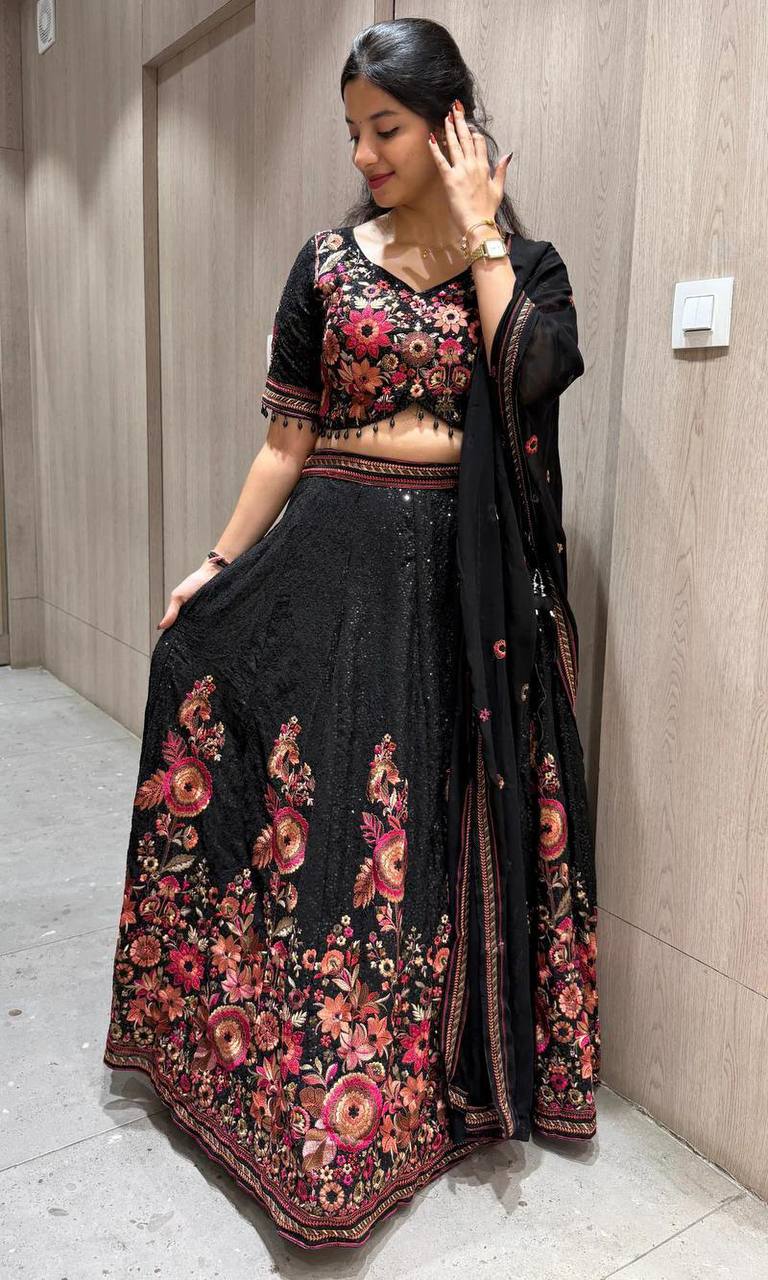 Midnight Black Georgette Sequence Work Party Wear Lehenga Choli