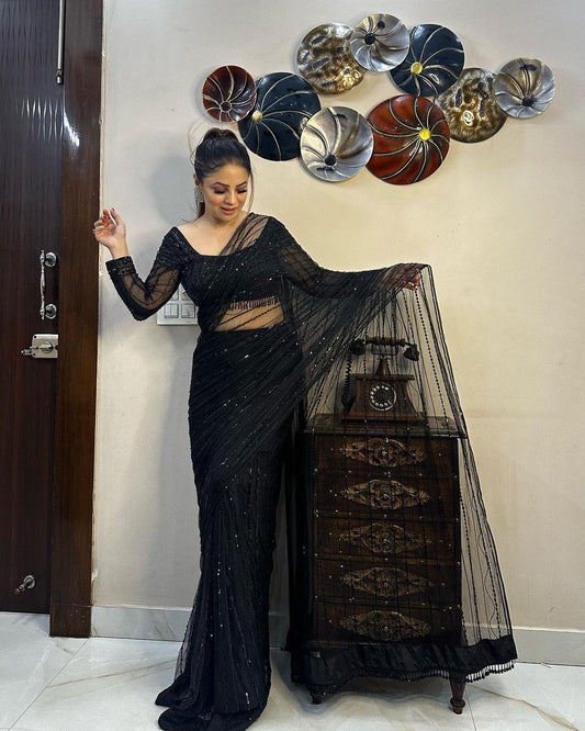 Black Sequence Work With Fancy Lace Ready To Wear Saree