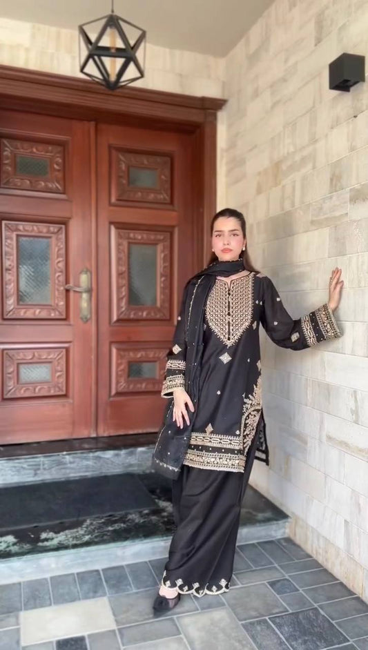 Midnight Elegance Black Roman Silk Sharara Suit