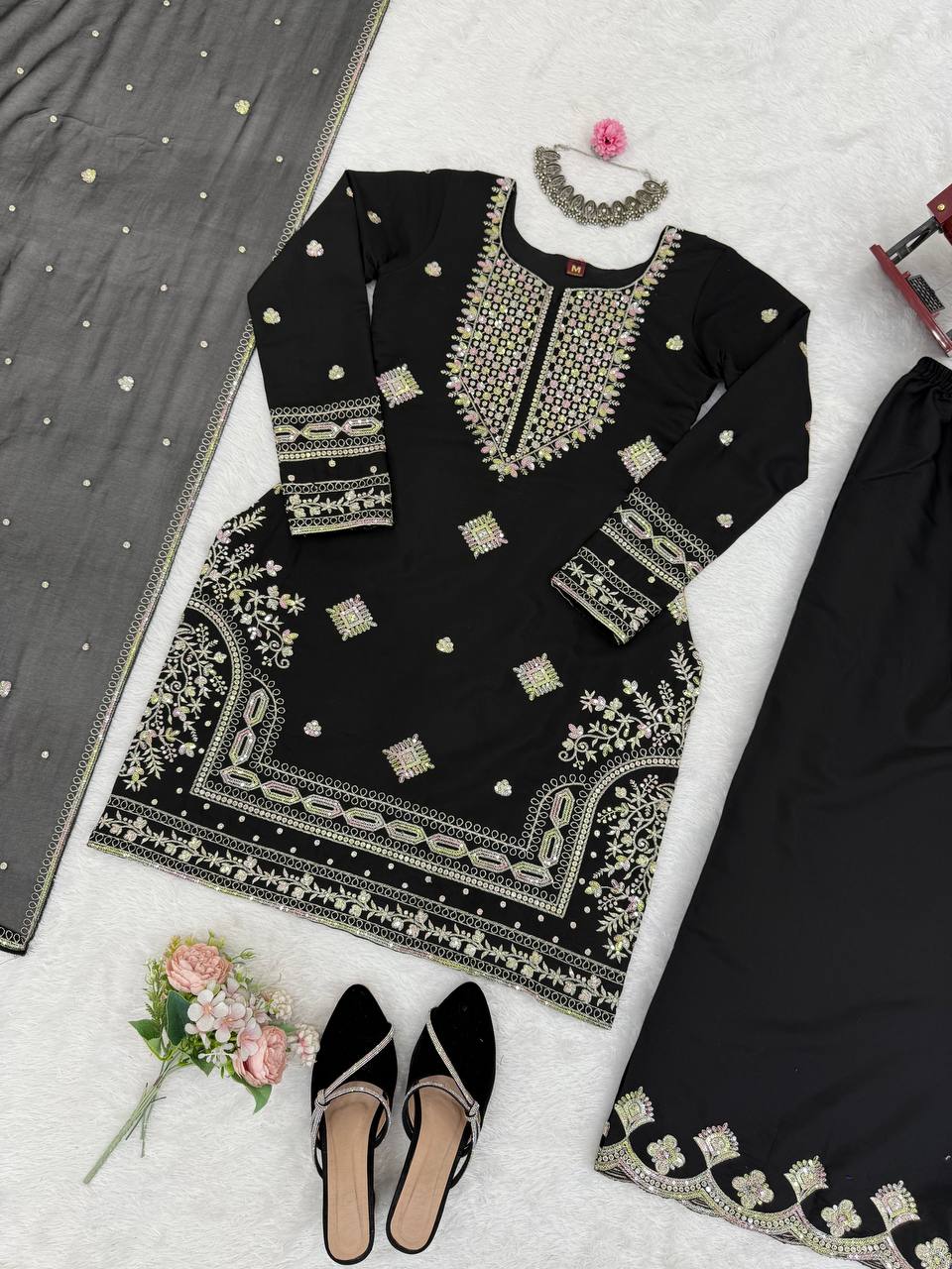 Midnight Elegance Black Roman Silk Sharara Suit