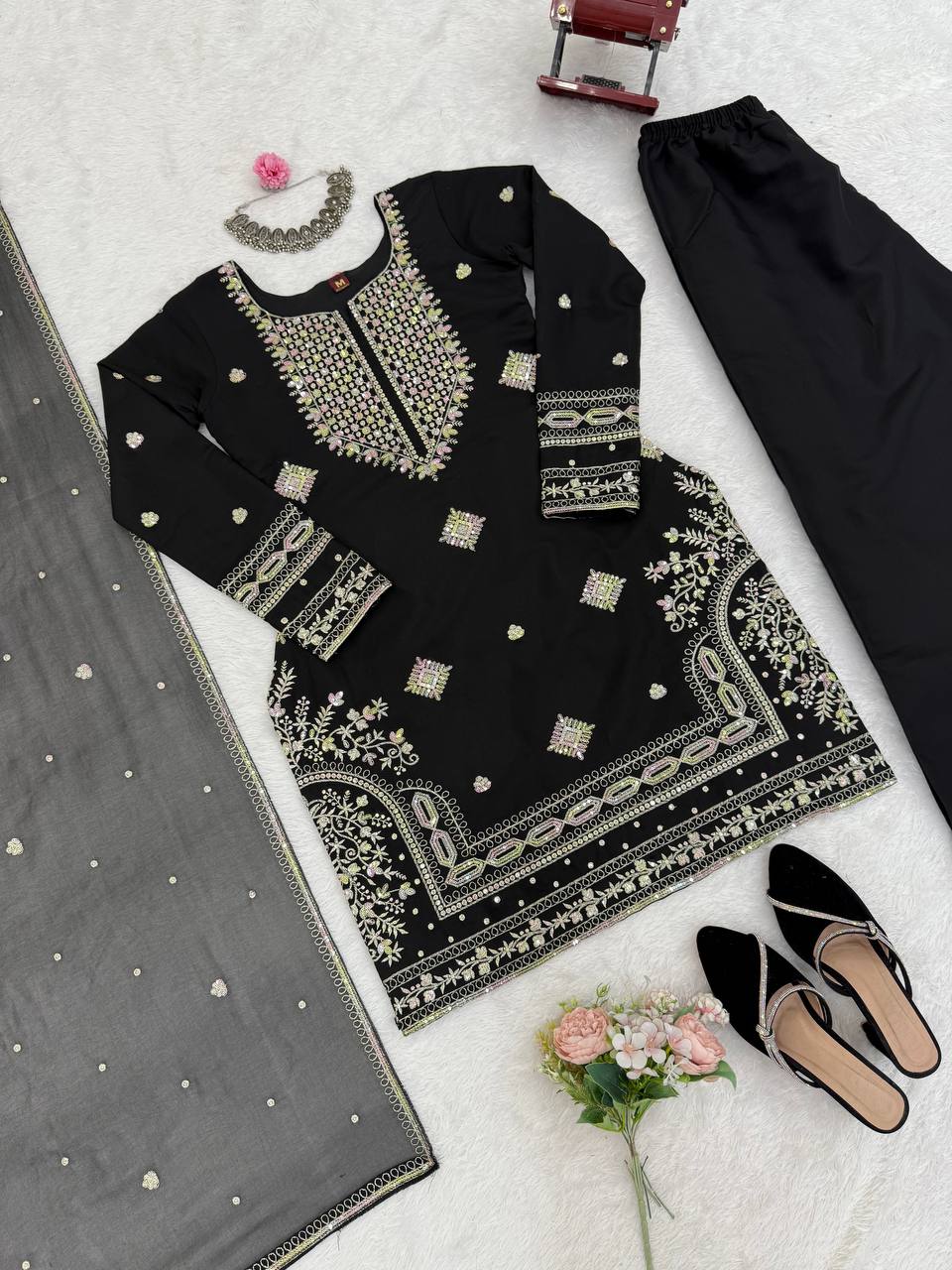 Midnight Elegance Black Roman Silk Sharara Suit