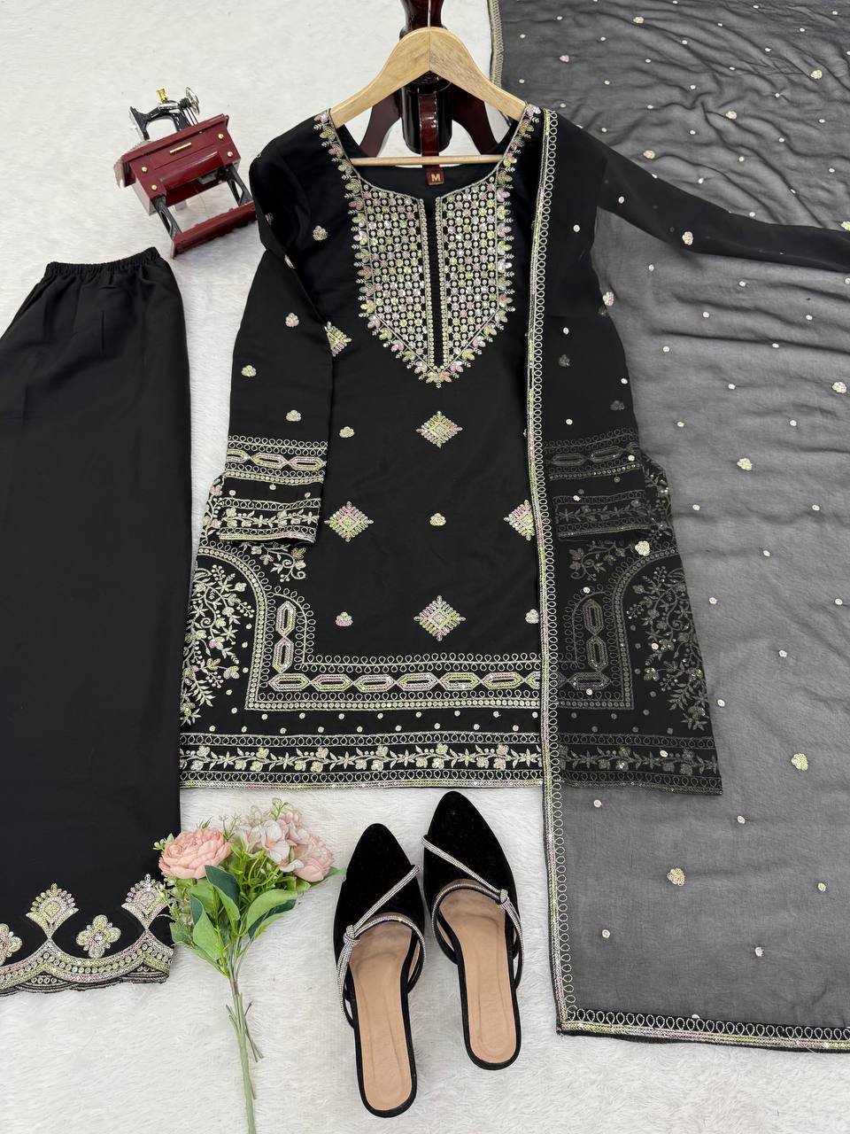 Midnight Elegance Black Roman Silk Sharara Suit